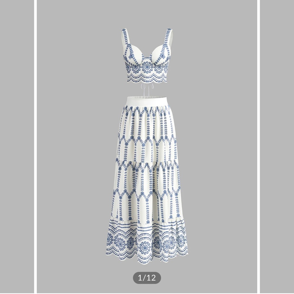Blue and White Printed Sleeveless Skirt Set
